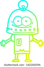 dibujo de línea de gradiente frío de un robot de cartón feliz con bombilla