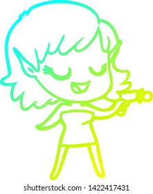 cold gradient line drawing of a happy cartoon space girl with ray gun