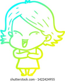 dibujo de línea de gradiente frío de una niña de dibujos animados feliz