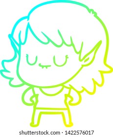 cold gradient line drawing of a happy cartoon elf girl