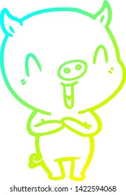 desenho de linha de gradiente frio de um porco de desenhos animados feliz