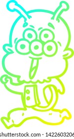 cold gradient line drawing of a happy cartoon alien running