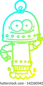 dibujo de línea de gradiente frío de un robot de cartón feliz con bombilla