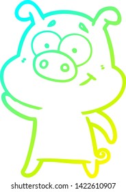 dibujo de línea de gradiente frío de un cerdo de caricatura feliz