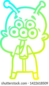 cold gradient line drawing of a happy cartoon alien gasping in surprise