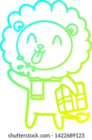 cold gradient line drawing of a happy cartoon lion