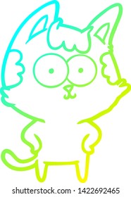 cold gradient line drawing of a happy cartoon cat