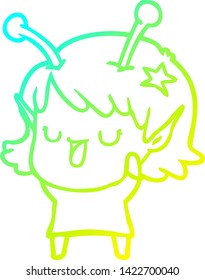 cold gradient line drawing of a happy alien girl cartoon laughing