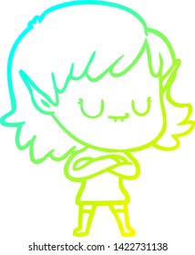 cold gradient line drawing of a happy cartoon elf girl