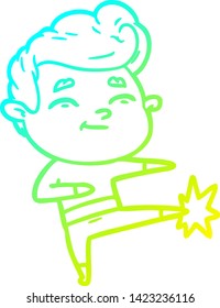 dibujo de una línea de degradado frío de un hombre de dibujos animados feliz pateando