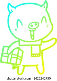 cold gradient line drawing of a happy cartoon pig with xmas present