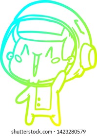 cold gradient line drawing of a happy cartoon astronaut waving