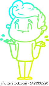 dibujo de una línea de degradado frío de un hombre de caricatura feliz encogiéndose de hombros