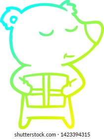 cold gradient line drawing of a happy cartoon polar bear with present