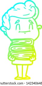 cold gradient line drawing of a happy cartoon man with stack of new books