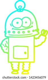 dibujo de línea de gradiente frío de un robot de cartón feliz con bombilla