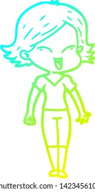 dibujo de línea de gradiente frío de una niña de dibujos animados feliz