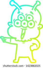 cold gradient line drawing of a happy cartoon alien pointing