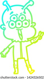 cold gradient line drawing of a happy cartoon alien waving peace gesture