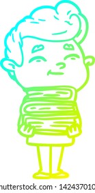 cold gradient line drawing of a happy cartoon man with stack of new books