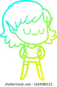 cold gradient line drawing of a happy cartoon elf girl