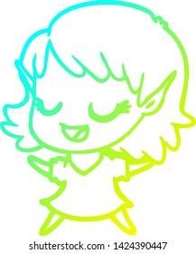 cold gradient line drawing of a happy cartoon elf girl