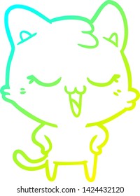 cold gradient line drawing of a happy cartoon cat
