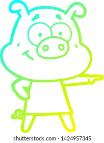 cold gradient line drawing of a happy cartoon pig