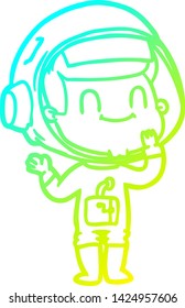 dibujo de una línea de degradado frío de un hombre astronauta de dibujos animados feliz