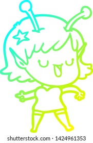 cold gradient line drawing of a happy alien girl cartoon