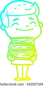 dibujo de línea de degradado frío de un hombre de dibujos animados feliz con pila de libros