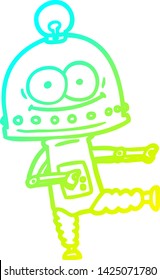dibujo de línea de gradiente frío de un robot de cartón feliz con bombilla