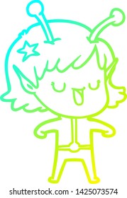 cold gradient line drawing of a happy alien girl cartoon