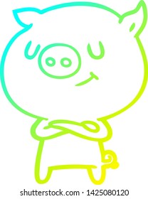 dibujo de línea de gradiente frío de un cerdo de caricatura feliz