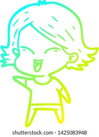 dibujo de línea de gradiente frío de una niña de dibujos animados feliz