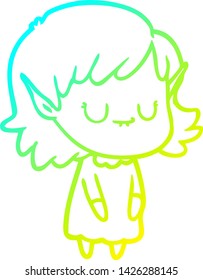 cold gradient line drawing of a happy cartoon elf girl wearing dress