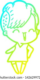 cold gradient line drawing of a happy cartoon hipster girl