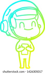 dibujo de una línea de degradado frío de un hombre astronauta de dibujos animados feliz