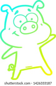 kalte Farbverlauf-Linienzeichnung eines Happy Cartoon Schweins