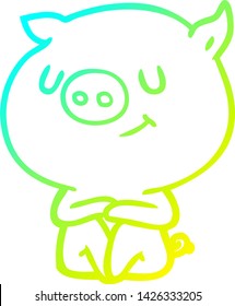 cold gradient line drawing of a happy cartoon pig