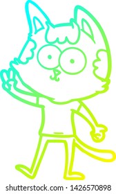 cold gradient line drawing of a happy cartoon cat giving peace sign