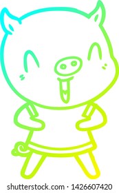 dibujo de línea de gradiente frío de un cerdo de caricatura feliz