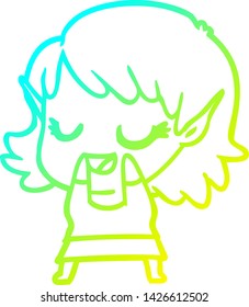 cold gradient line drawing of a happy cartoon elf girl