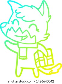 cold gradient line drawing of a happy cartoon fox