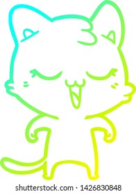 cold gradient line drawing of a happy cartoon cat