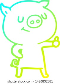 kalte Farbverlauf-Linienzeichnung eines Happy Cartoon Schweins