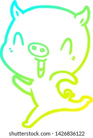 cold gradient line drawing of a happy cartoon pig running