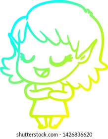 cold gradient line drawing of a happy cartoon elf girl