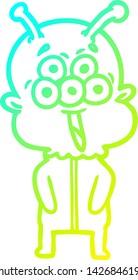 cold gradient line drawing of a happy cartoon alien