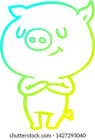 cold gradient line drawing of a happy cartoon pig